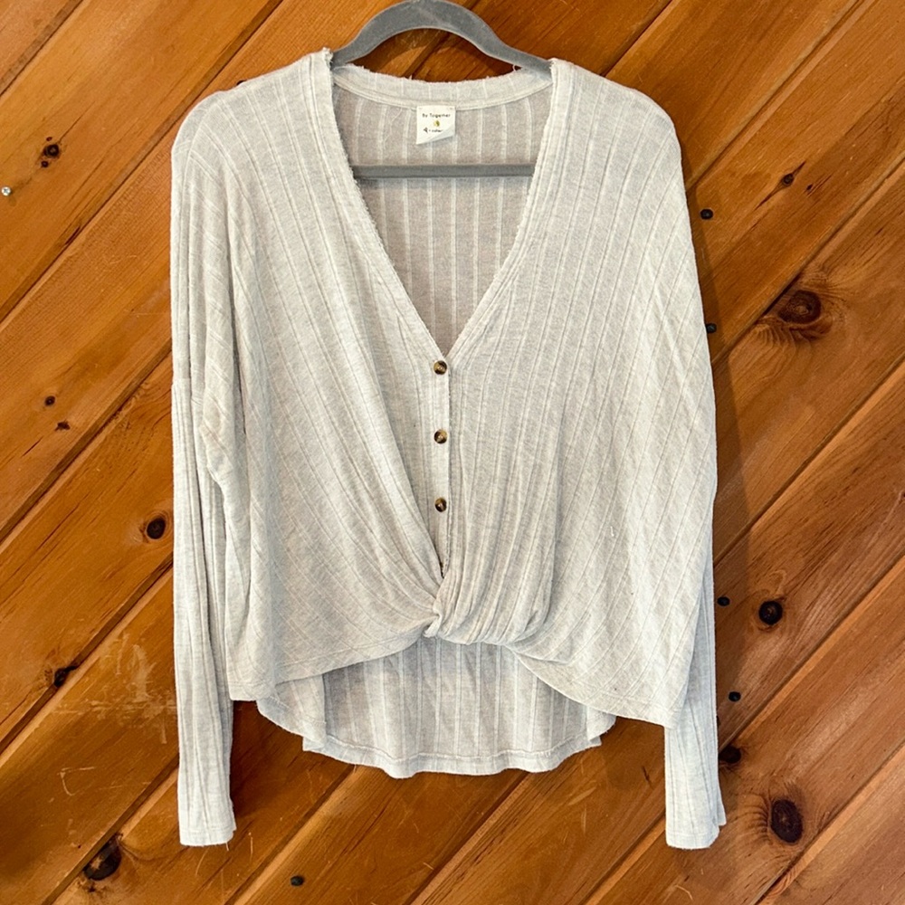 By together slouchy gray faux tie front long sleeve top